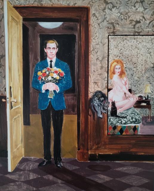 Mirza Čizmić: A man in a blue jacket holding a bouquet stands in a doorway; in the next room a nude woman and two cats