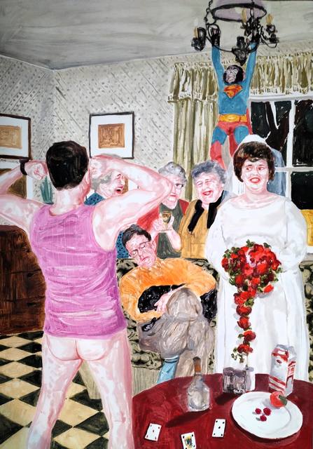 Mirza Čizmić: A wedding party in a living room: a bride with a bouquet of roses, laughing guests, a monkey in a Superman costume hanging from the chandelier