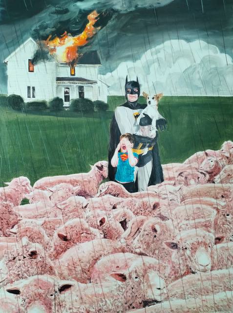 Mirza Čizmić: A man in a Batman costume holds a dog and a child in front of a flock of sheep in the rain, a house burning behind them