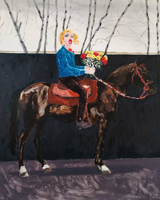 Mirza Čizmić: A blonde doll-like figure in a blue jacket rides a horse holding flowers, in front of a dark wall and birch trees