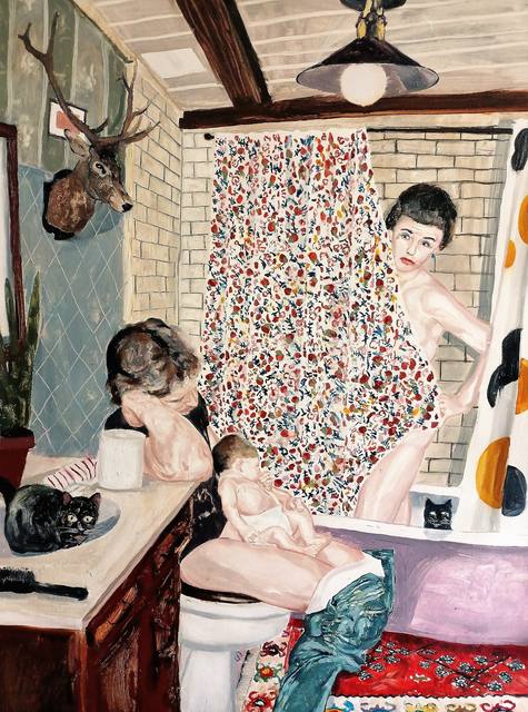 Mirza Čizmić: A bathroom: a woman peers from behind a shower curtain, an older woman with a baby, black cats and a stag's head on the wall