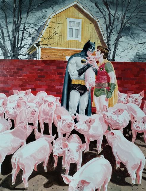 Mirza Čizmić: Batman and Robin holding a piglet in front of a red wall and a yellow house, surrounded by pigs