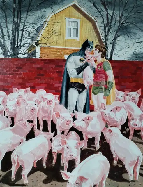 Mirza Čizmić: Batman and Robin holding a piglet in front of a red wall and a yellow house, surrounded by pigs