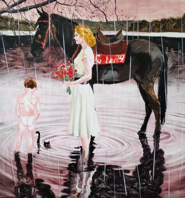 Mirza Čizmić: A woman in a white dress with red flowers and a horse stands in water in the rain, beside her a naked child and a cat