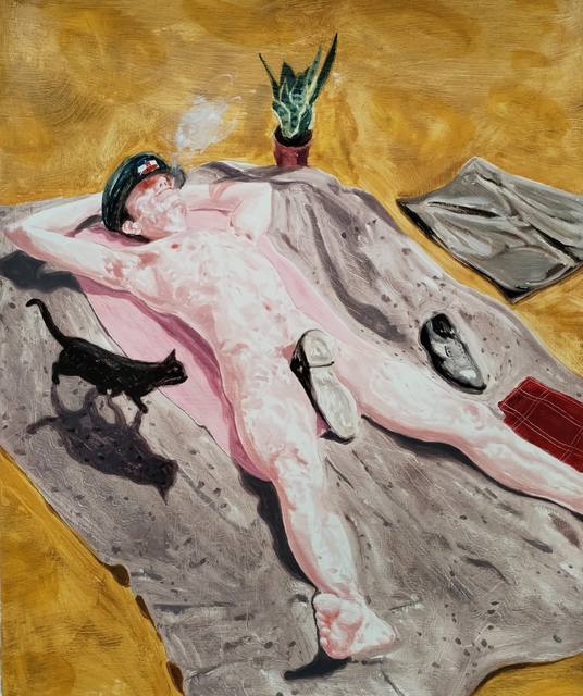 Mirza Čizmić: A naked man in an officer's cap lies smoking on a blanket, beside him a black cat, shoes and a potted plant